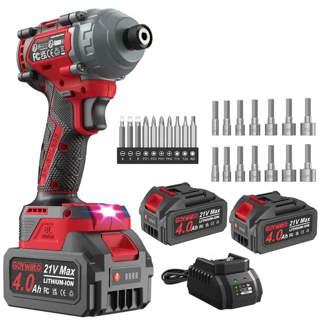 1/4" Visseuse à Chocs Sans Fil 290N·m - 21V Tournevis à Percussion Brushless avec 2 Batteries 4,0 Ah & 14 Douilles & 10 Embouts pour Travaux de Vissage Difficiles, Rouge