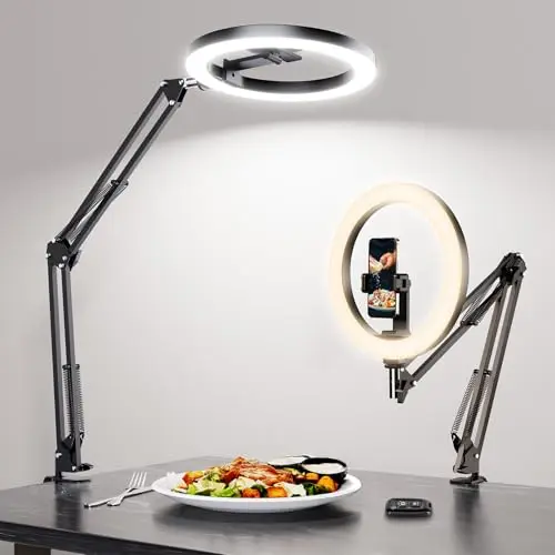 LUXSURE Anneau Lumineux avec Trépied, Support de Caméra Aérienne avec Ring Light 10'', Support Téléphone avec Télécommande Bluetooth, Idéal pour Enregistrement Vidéo, Cuisine, Streaming en Direct
