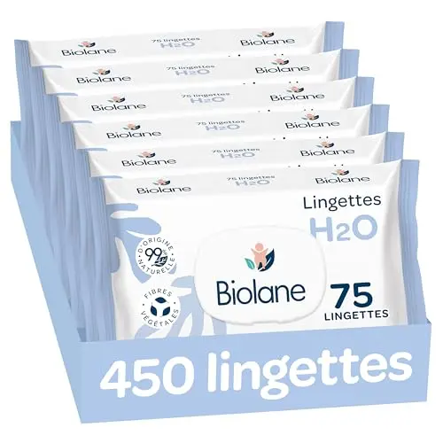 BIOLANE - Lingettes bébé à l'eau - 450 Lingettes - Lot de 6x75 - Nettoyage doux et efficace - Sans Rinçage - Dès la naissance